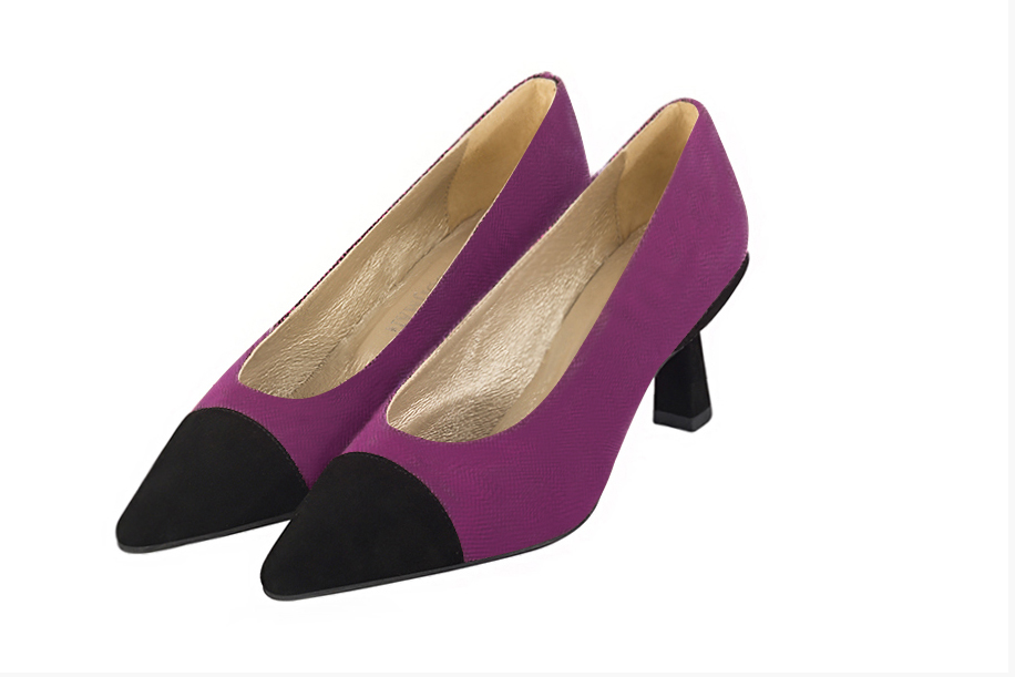 Matt black and mulberry purple women's dress pumps, with a round neckline. Pointed toe. Medium spool heels. Front view - Florence KOOIJMAN